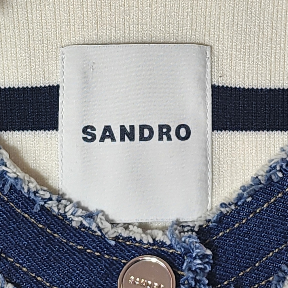 Sandro Paris Navy and Cream Striped Cardigan with Denim Details - Picture 7 of 11